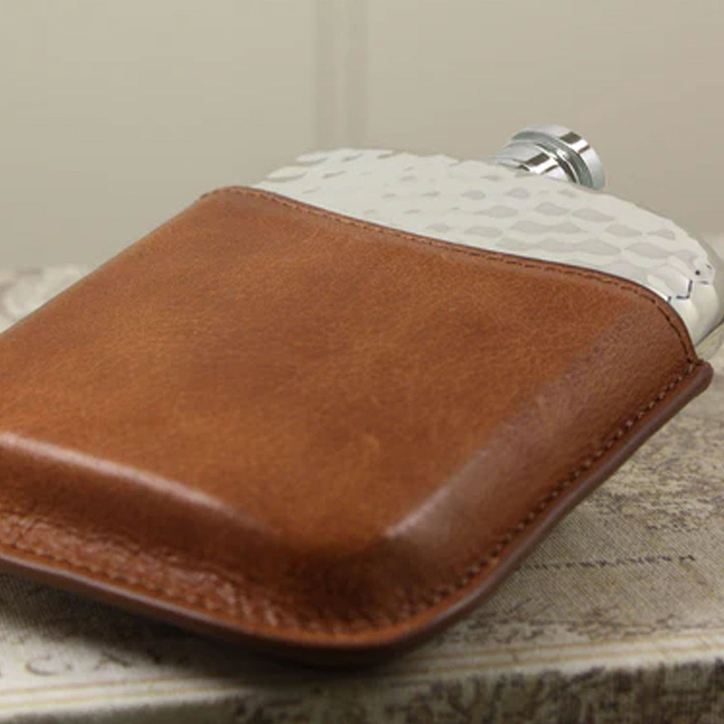 6oz Hammered Pewter Hip Flask with Captive Top and Tan Leather - Cotswold Jewellery