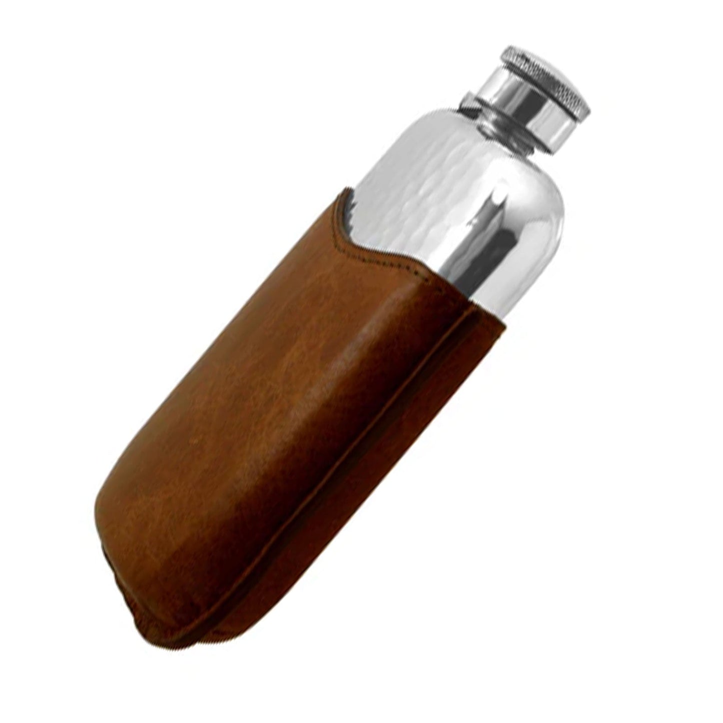 6oz Hammered Pewter Hip Flask with Captive Top and Tan Leather - Cotswold Jewellery