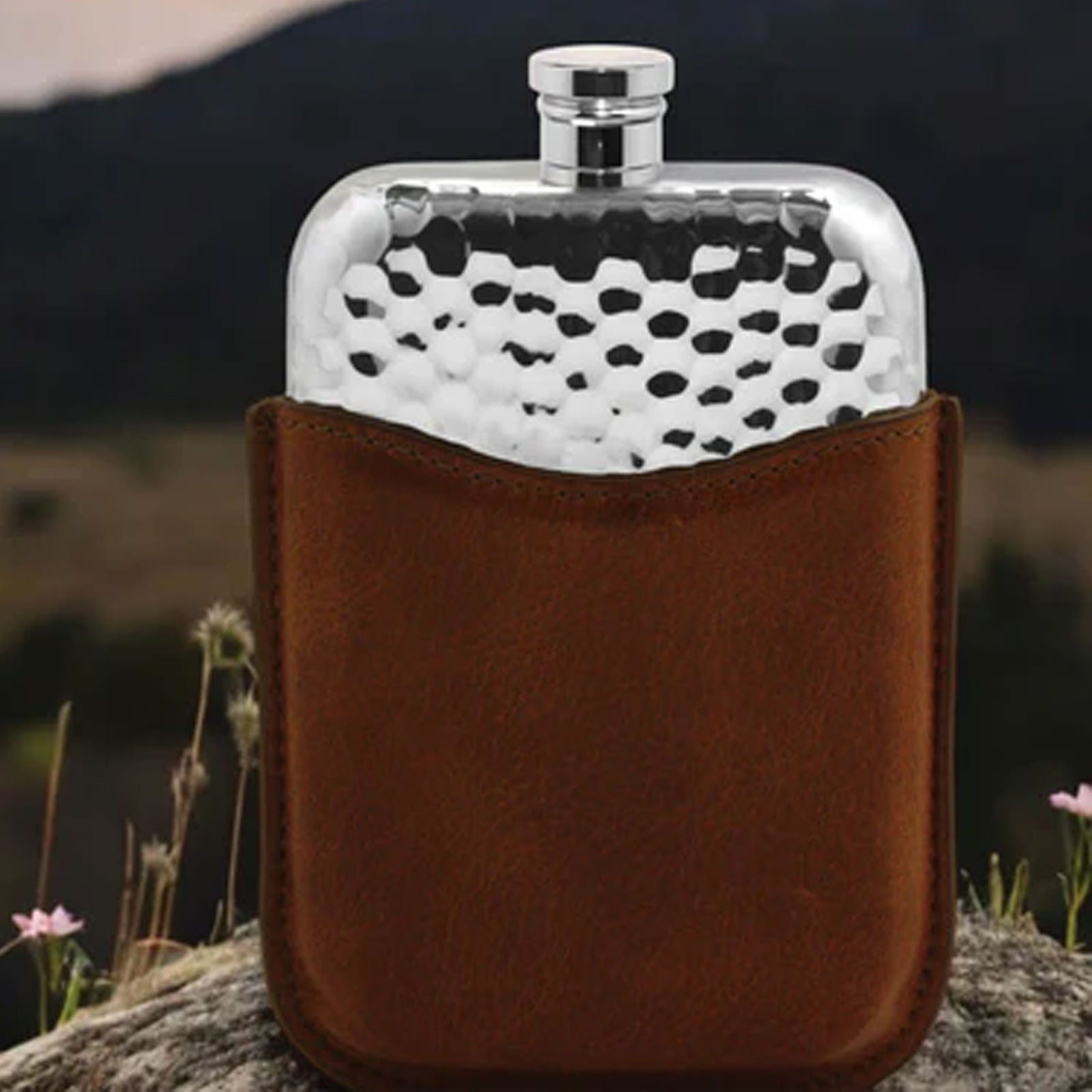 6oz Hammered Pewter Hip Flask with Tan Leather - Cotswold Jewellery