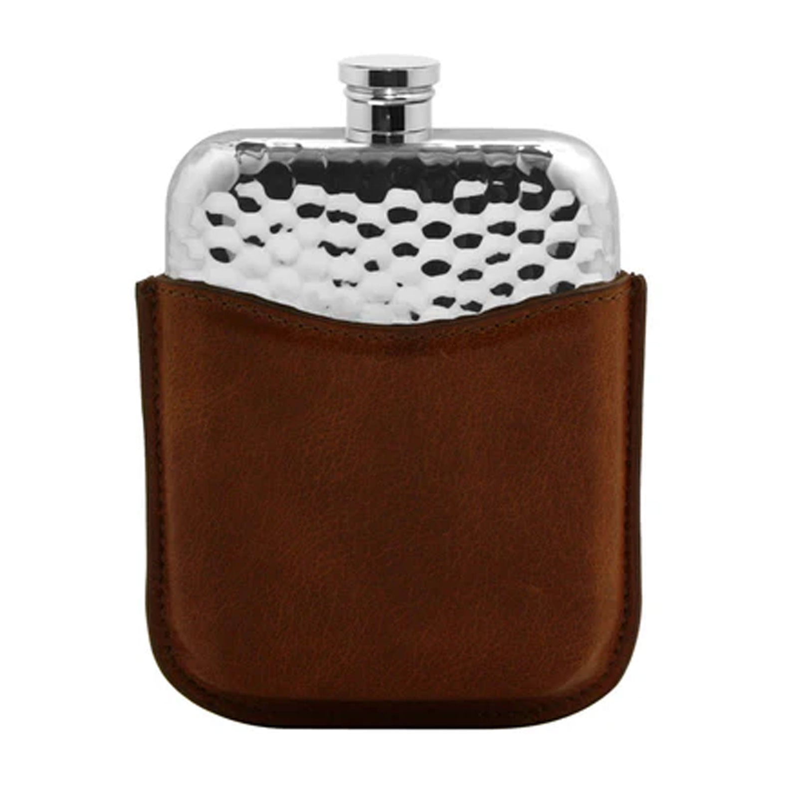 6oz Hammered Pewter Hip Flask with Tan Leather - Cotswold Jewellery