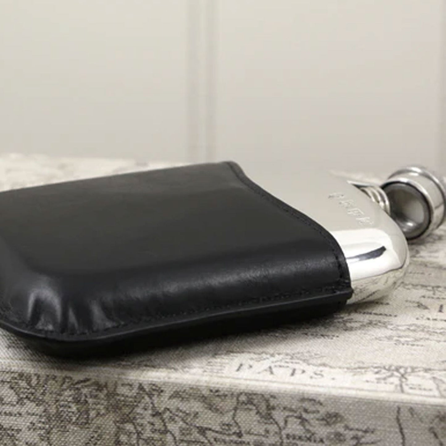6oz Pewter Hip Flask with Hinged Top & Black Leather - Cotswold Jewellery