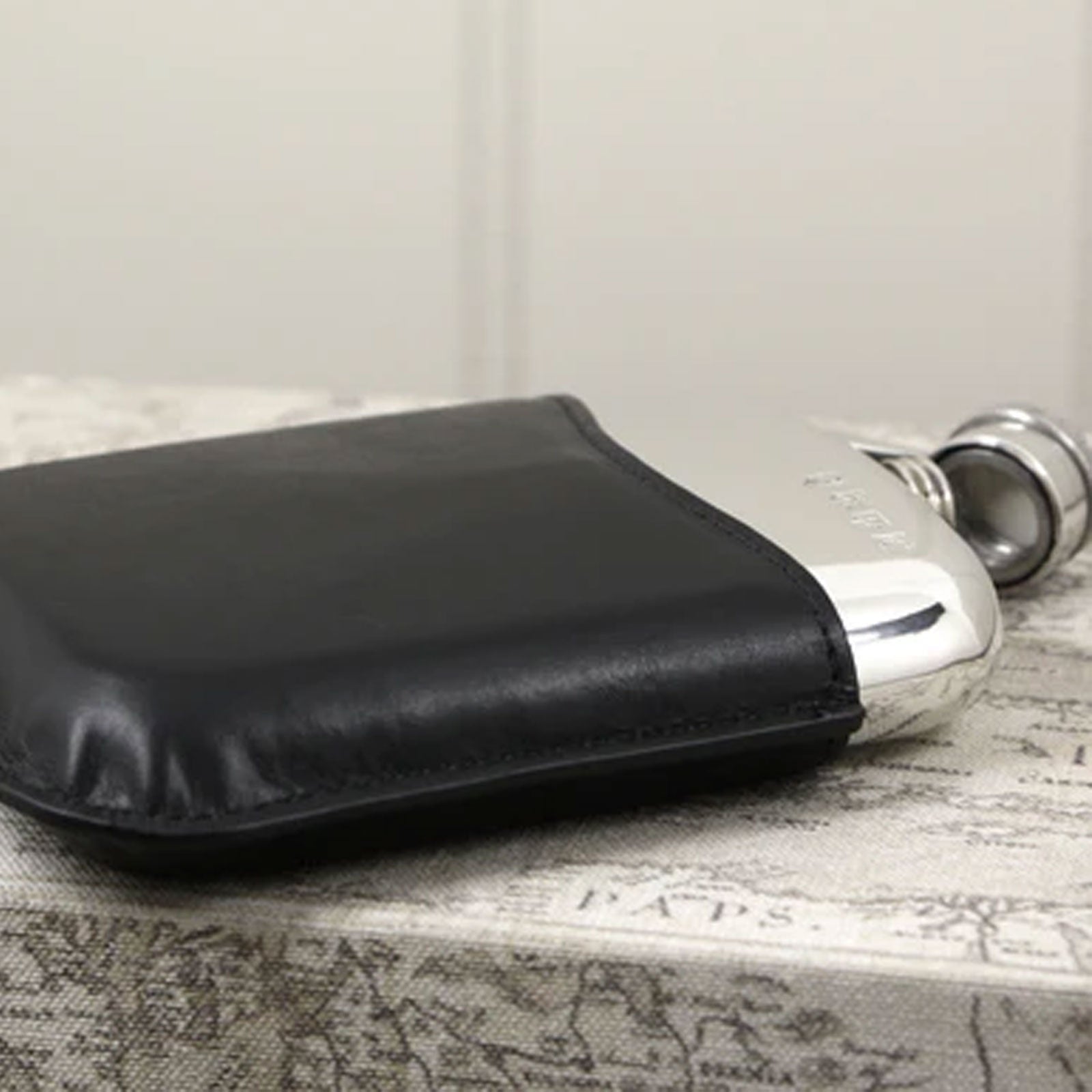 6oz Pewter Hip Flask with Hinged Top & Black Leather - Cotswold Jewellery