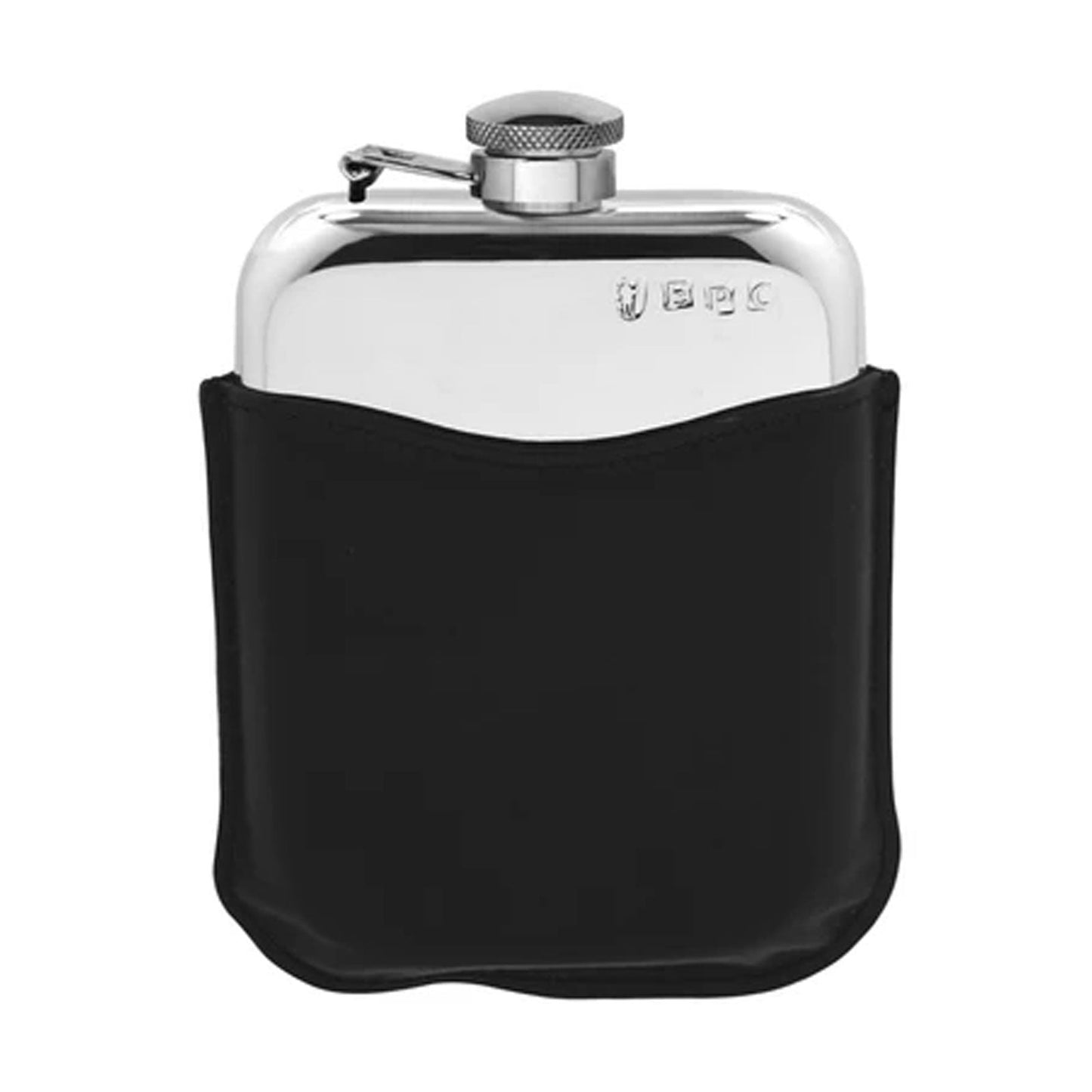6oz Pewter Hip Flask with Hinged Top & Black Leather - Cotswold Jewellery
