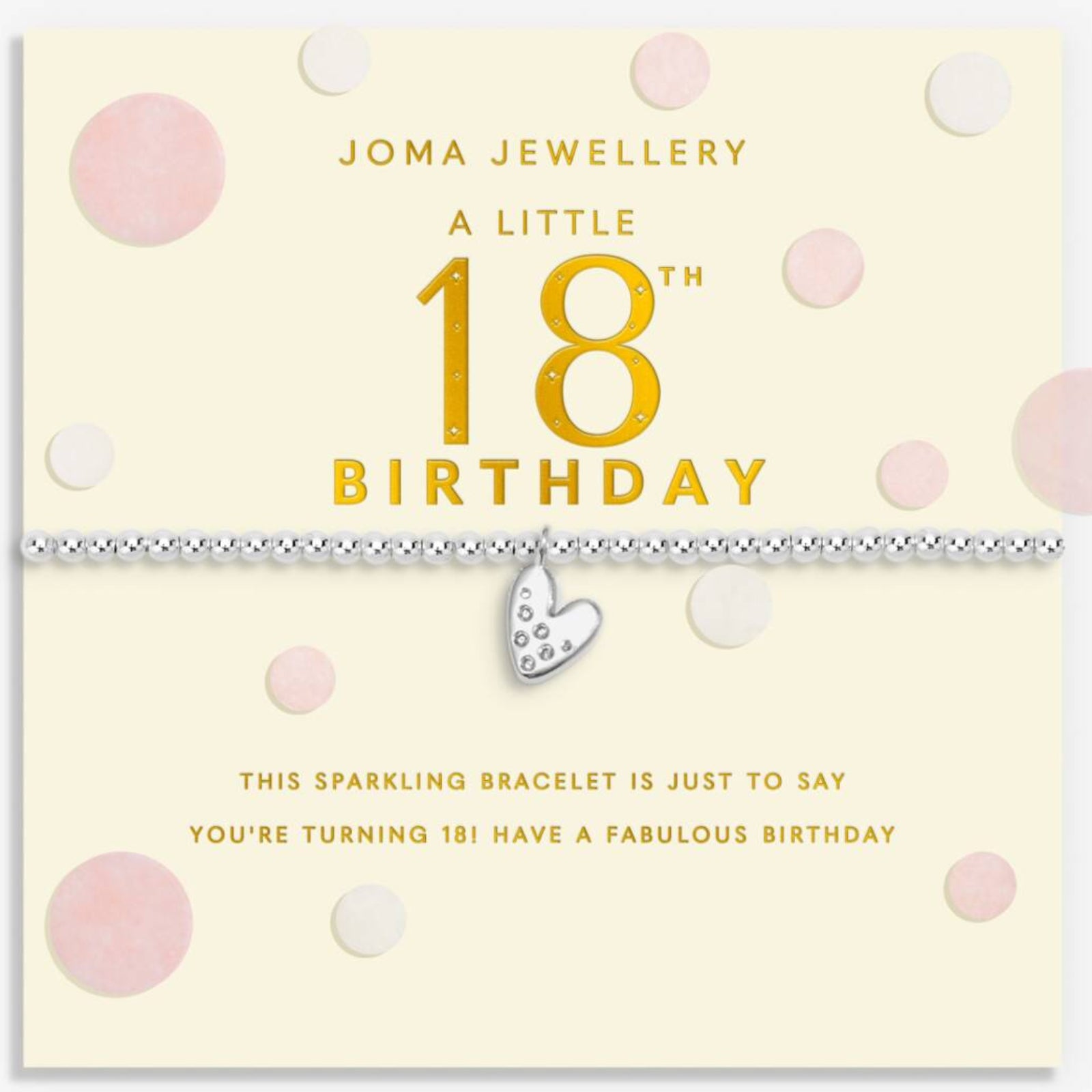 Joma Jewellery 18th birthday bracelet packaging with decorative dots on a light yellow background