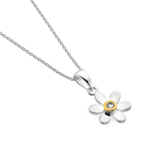 Silver flower-shaped pendant necklace on a white background