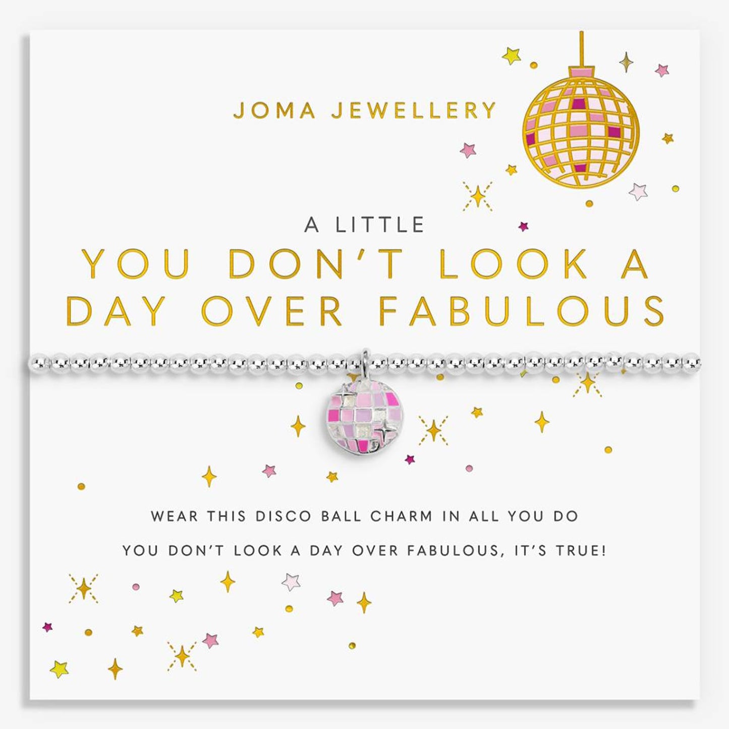 A Joma Jewellery disco ball charm bracelet presented on its white retail card. The card features gold and pink text, a gold disco ball illustration, and scattered gold and pink star confetti.