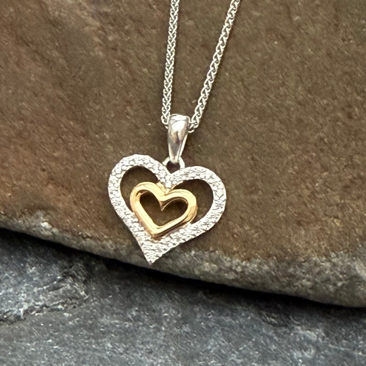 Silver, Gold & Cubic Zirconia Double Heart Necklace