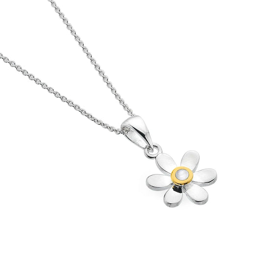 Silver necklace with a daisy-shaped pendant on a white background