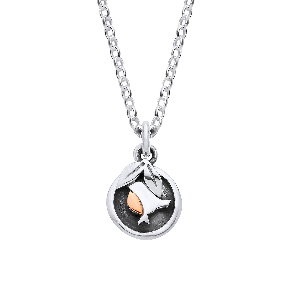 A silver chain necklace with a round pendant featuring a stylized fish design in polished silver over a dark textured background, with a small rose gold accent.