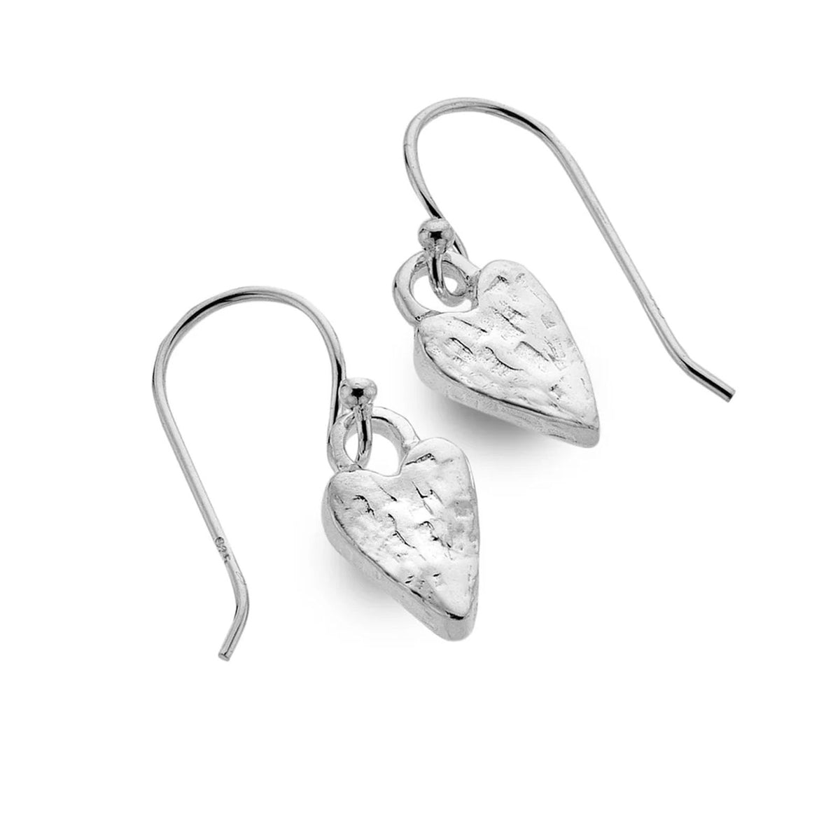 A pair of silver drop earrings featuring textured heart-shaped charms and classic fishhook wires, displayed on a clean white background.