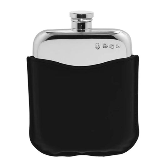 Silver flask with black leather pouch on a white background