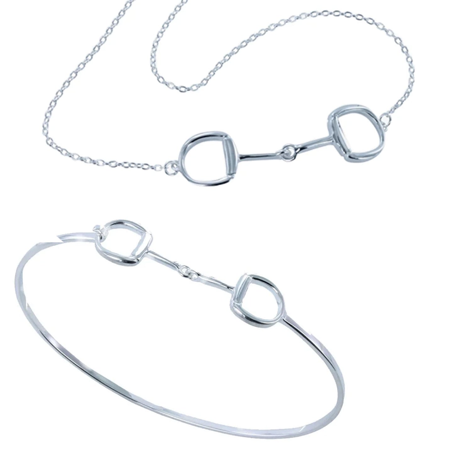 A silver horse bit necklace and matching silver horse bit bangle set, displayed on a clean white background.