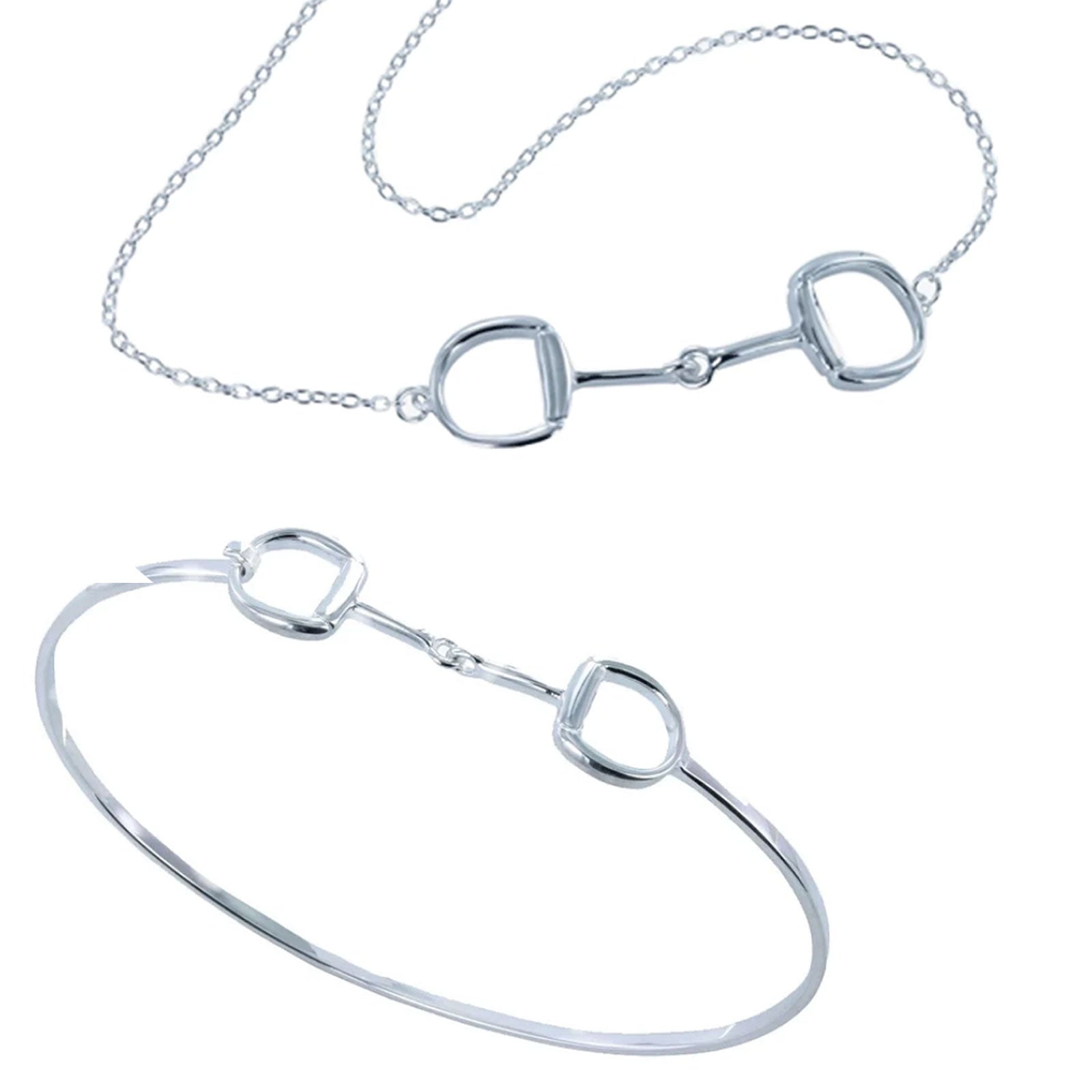 A silver horse bit necklace and matching silver horse bit bangle set, displayed on a clean white background.