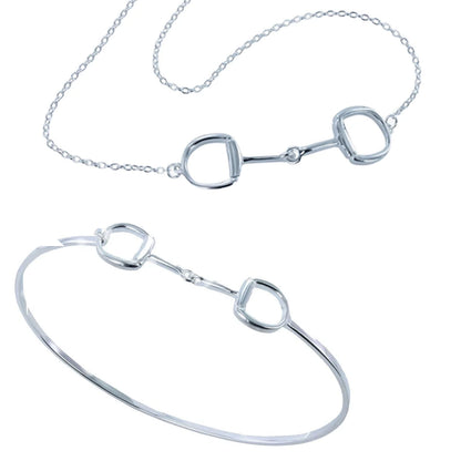 A silver horse bit necklace and matching silver horse bit bangle set, displayed on a clean white background.