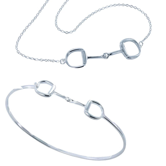 A silver horse bit necklace and matching silver horse bit bangle set, displayed on a clean white background.