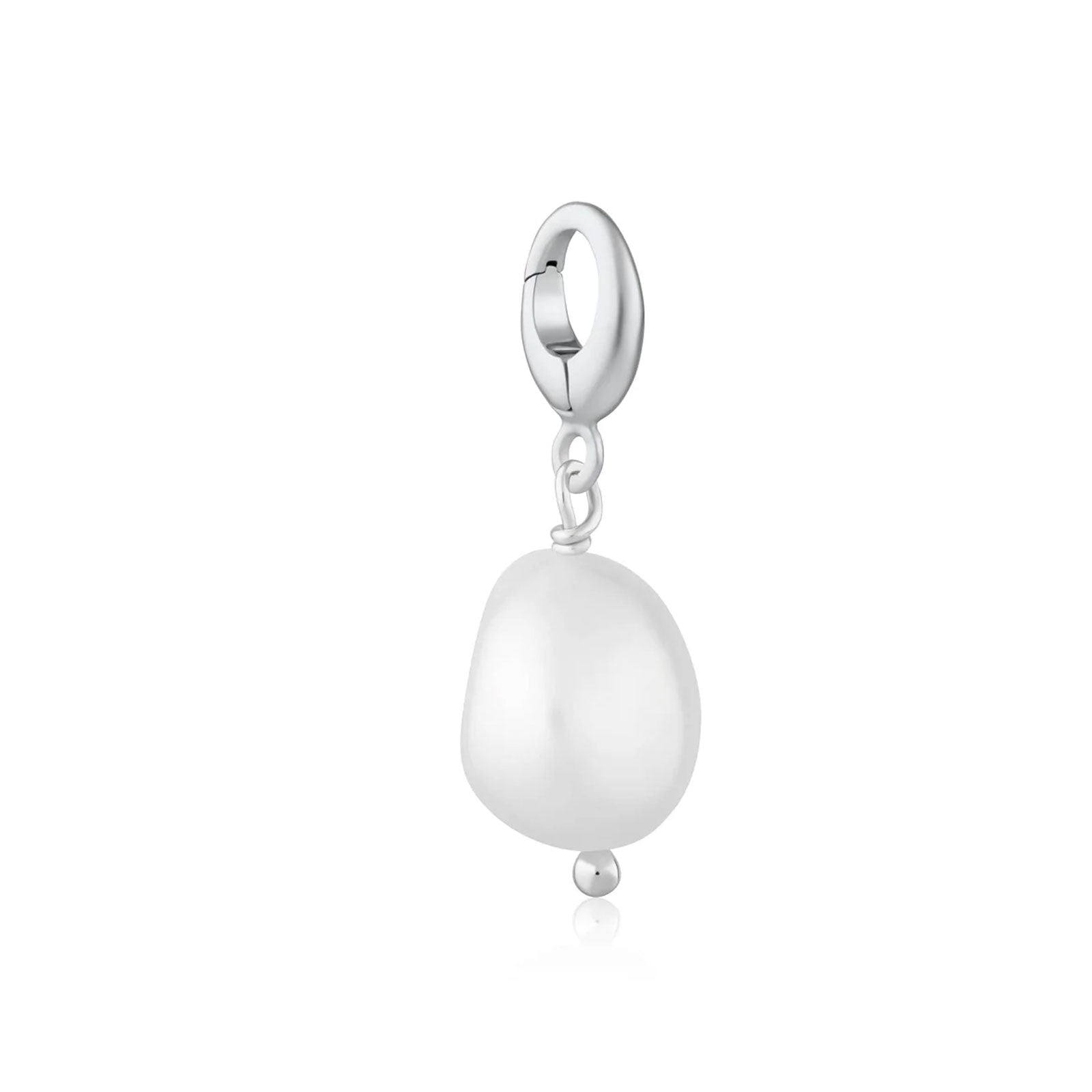 Silver earring with a white pearl on a white background