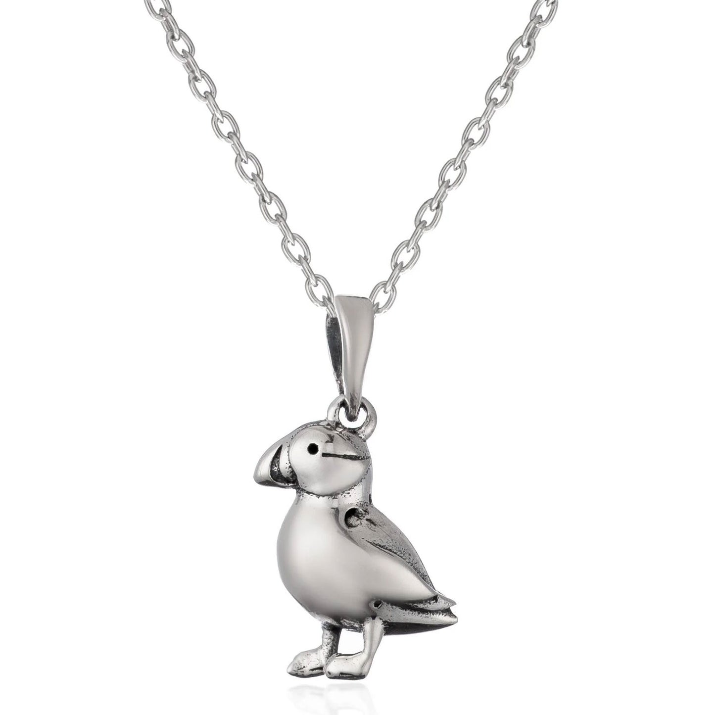 A sterling silver puffin pendant necklace on a matching link chain, shown against a plain white background.