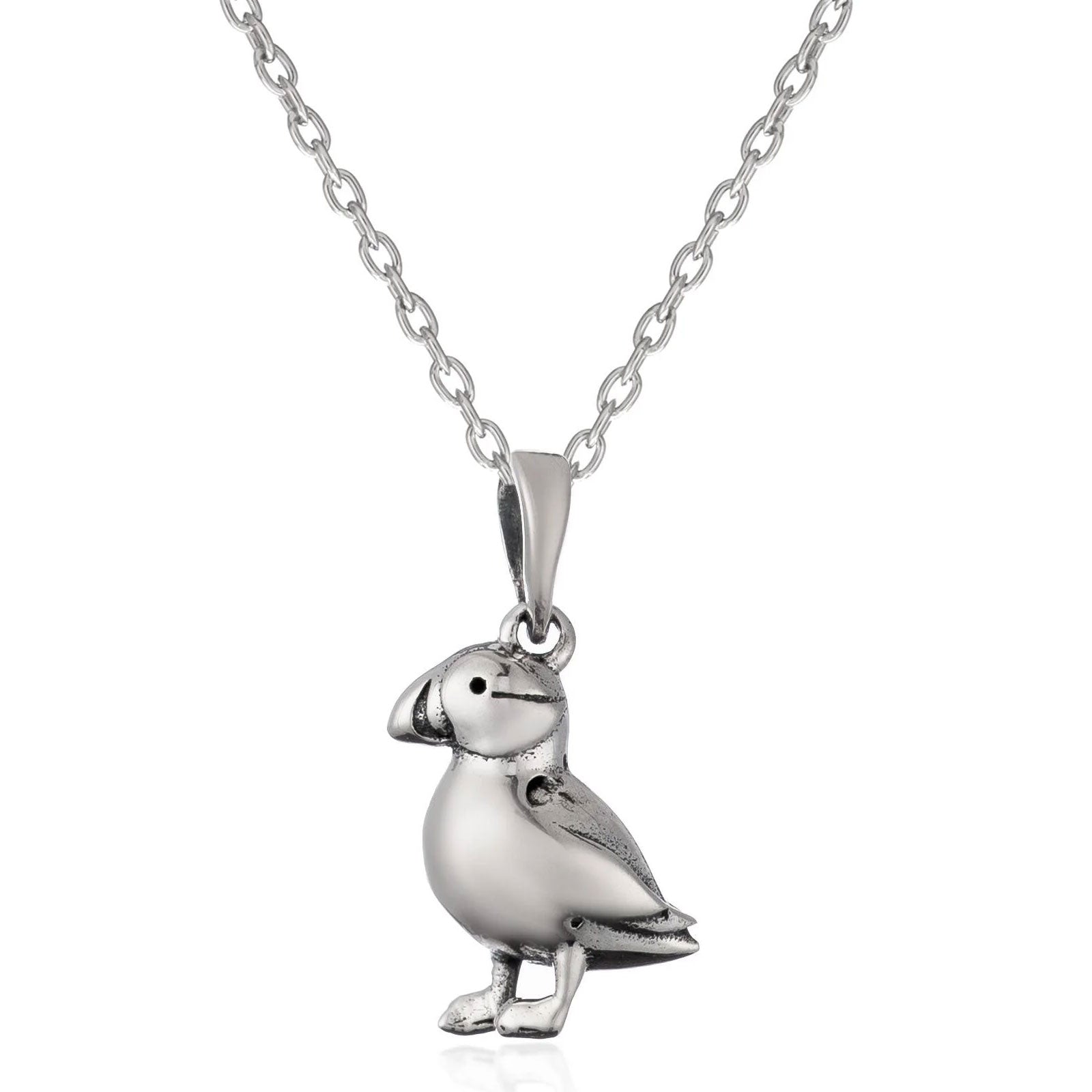 A sterling silver puffin pendant necklace on a matching link chain, shown against a plain white background.
