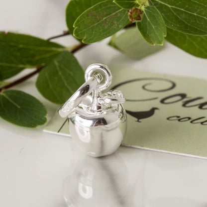 Silver ring with a small apple-shaped box on a white surface with green leaves.