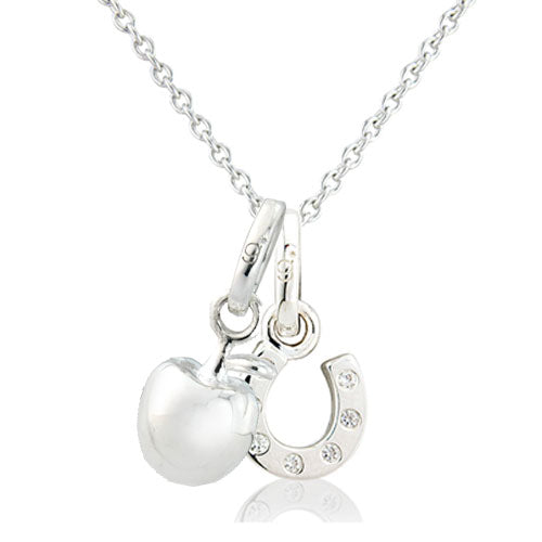 Silver necklace with an apple and horseshoe pendant on a white background