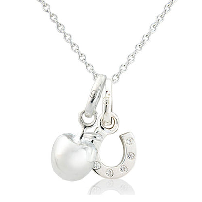 Silver necklace with an apple and horseshoe pendant on a white background