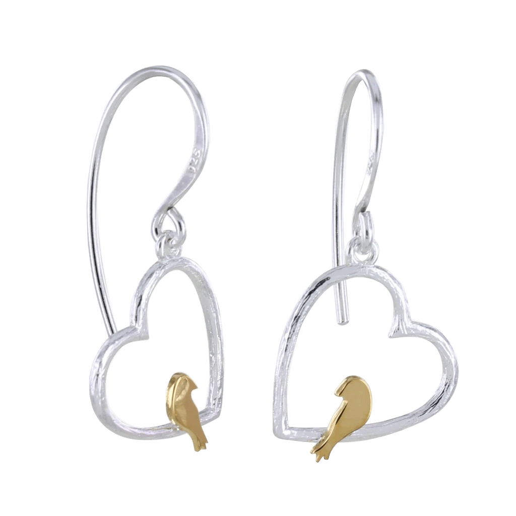 Bird in Heart Earrings - Cotswold Jewellery