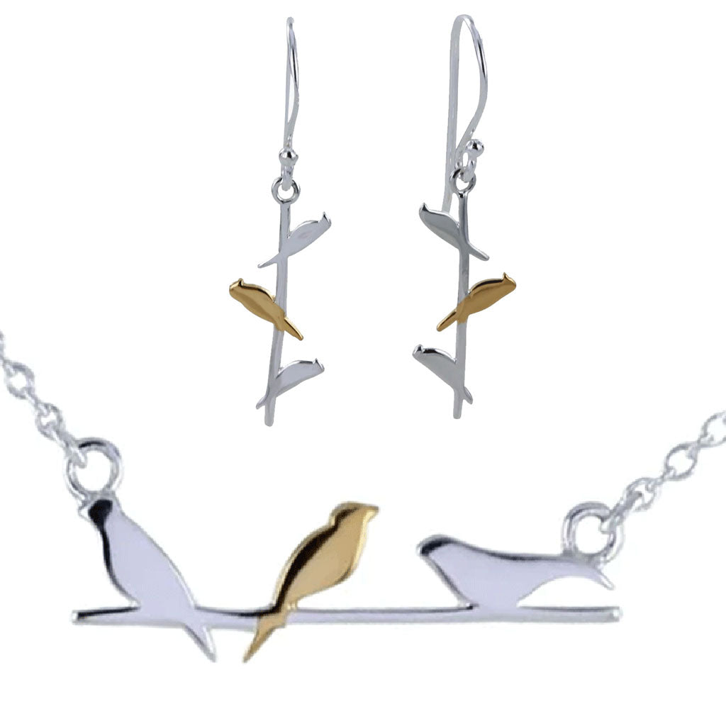 Bird-shaped jewelry set with necklace and earrings on a white background