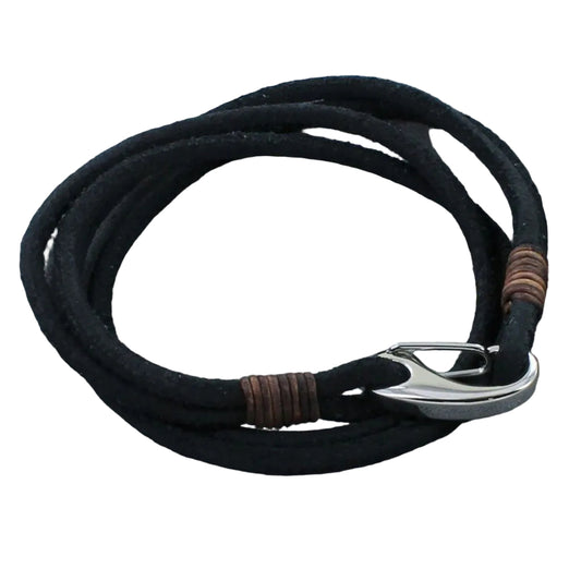 Black and brown braided leather leash with silver clasp on a white background