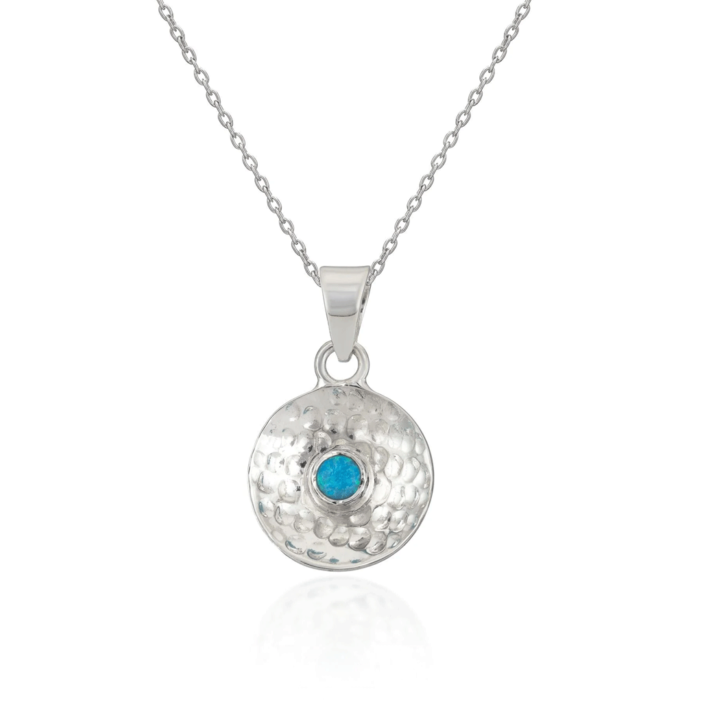 Blue Opal Hammered Disc Sterling Silver Necklace - Cotswold Jewellery
