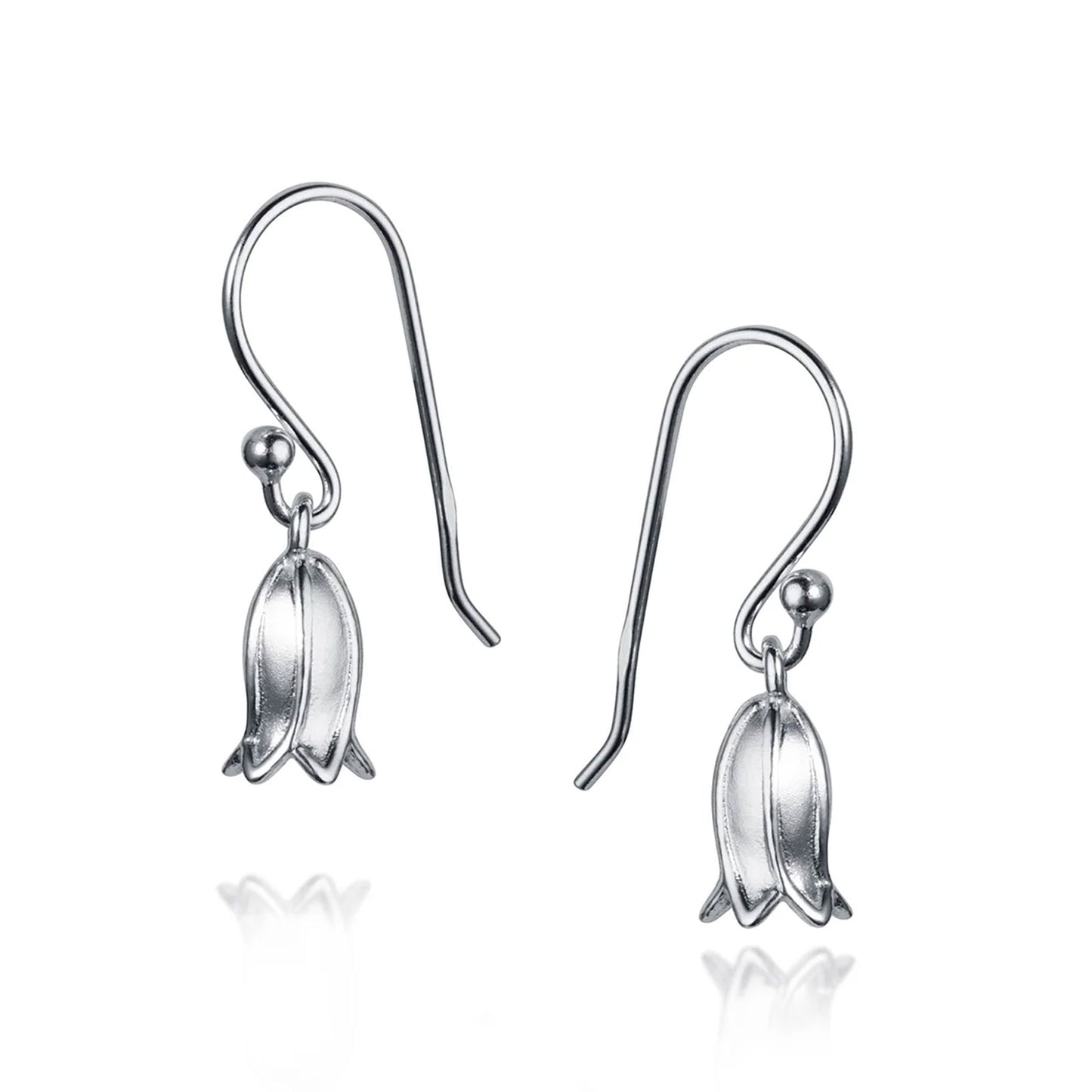 Silver flower-shaped earrings on a white background