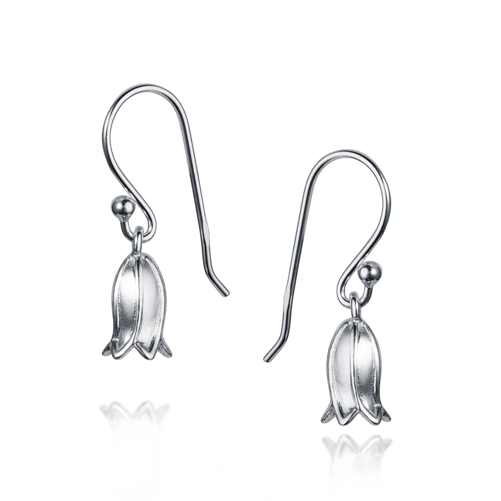 Silver flower-shaped earrings on a white background