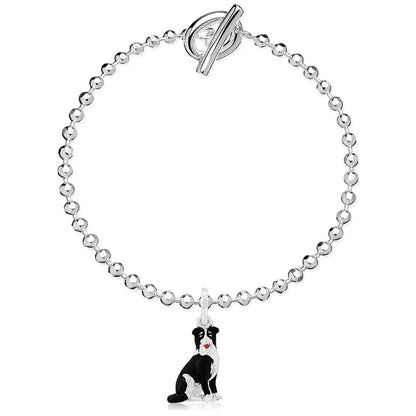 Border Collie T - Bar Recycled Sterling Silver Bracelet on white background