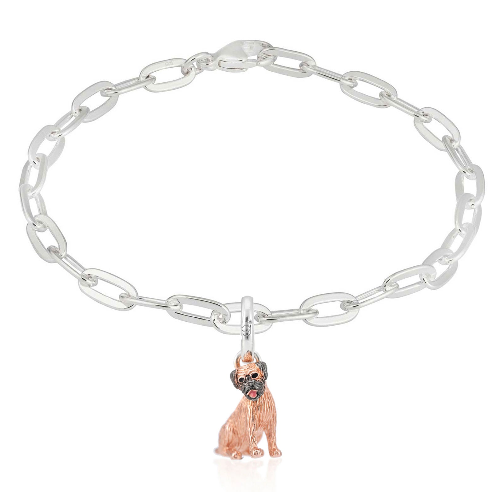 Silver bracelet with a border terrier dog charm on a white background