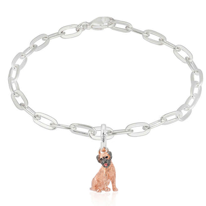 Silver bracelet with a border terrier dog charm on a white background