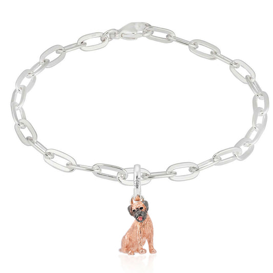 Silver bracelet with a border terrier dog charm on a white background