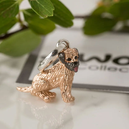 border terrier charm on a marble surface with green leaves in the background