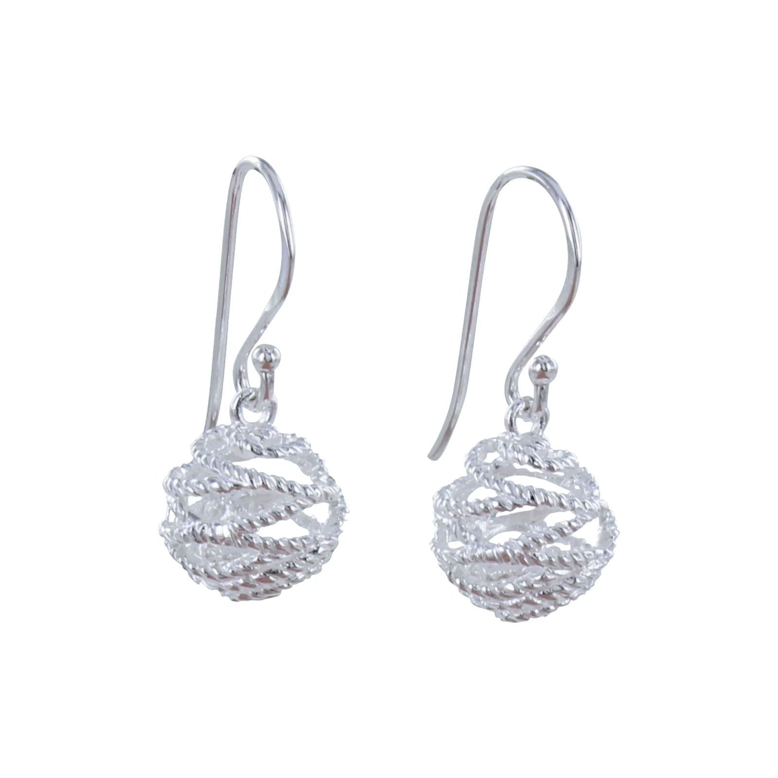 Pair of silver spherical earrings on a white background