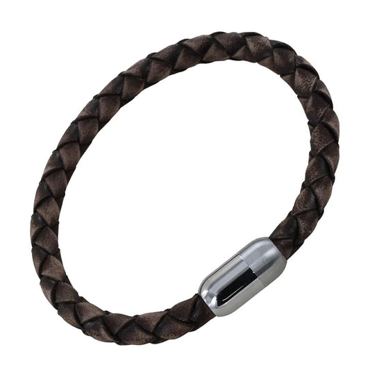 Brown braided leather bracelet with a silver clasp on a white background