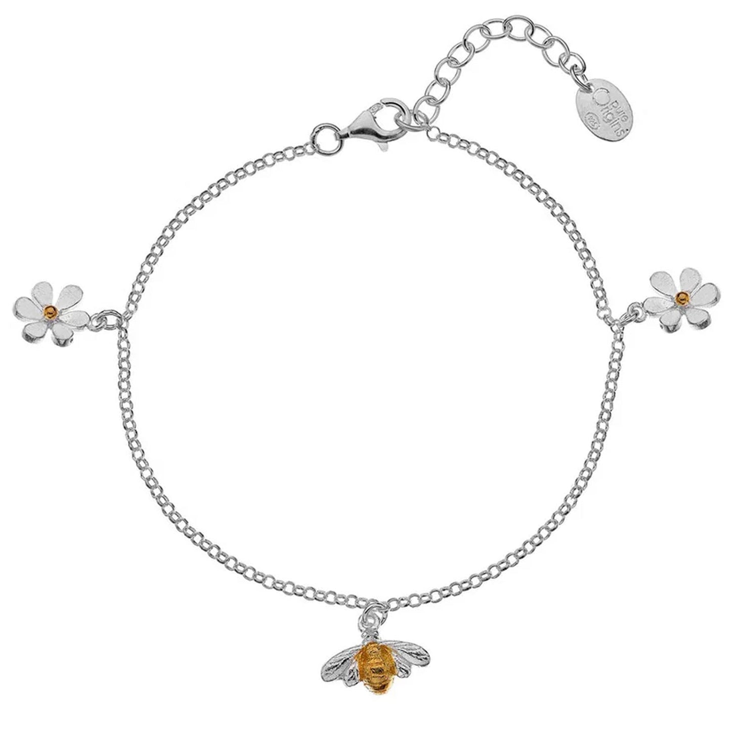 Bumble Bee and Flowers Sterling Silver Bracelet - Cotswold Jewellery