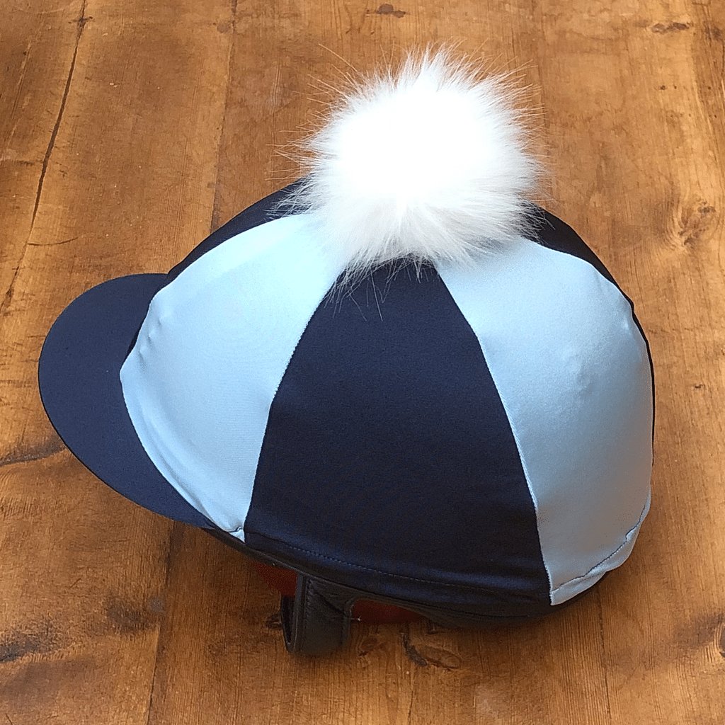 Capz Navy & Light Blue Riding Hat Cover with Faux Fur Pom Pom - Cotswold Jewellery