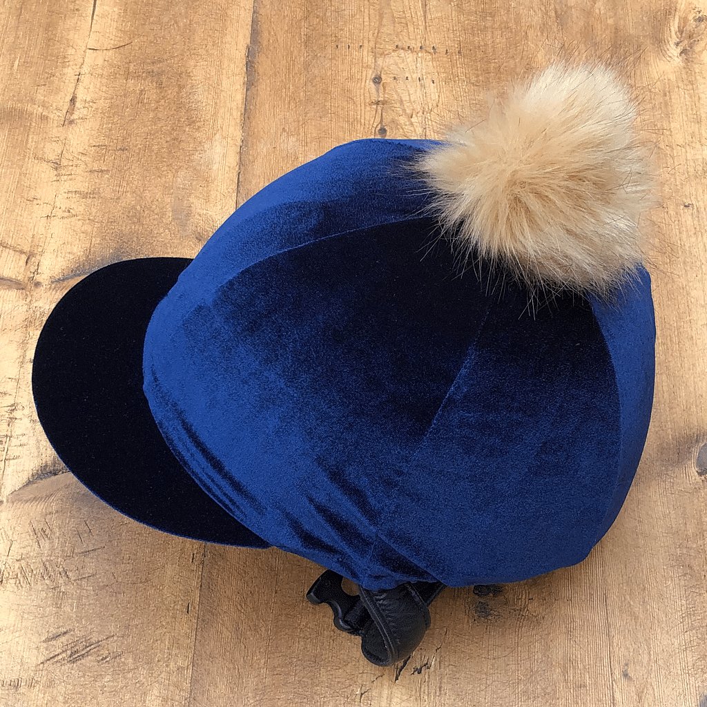 Capz Navy Velour Riding Hat Cover Faux Fur Pom Pom - Cotswold Jewellery
