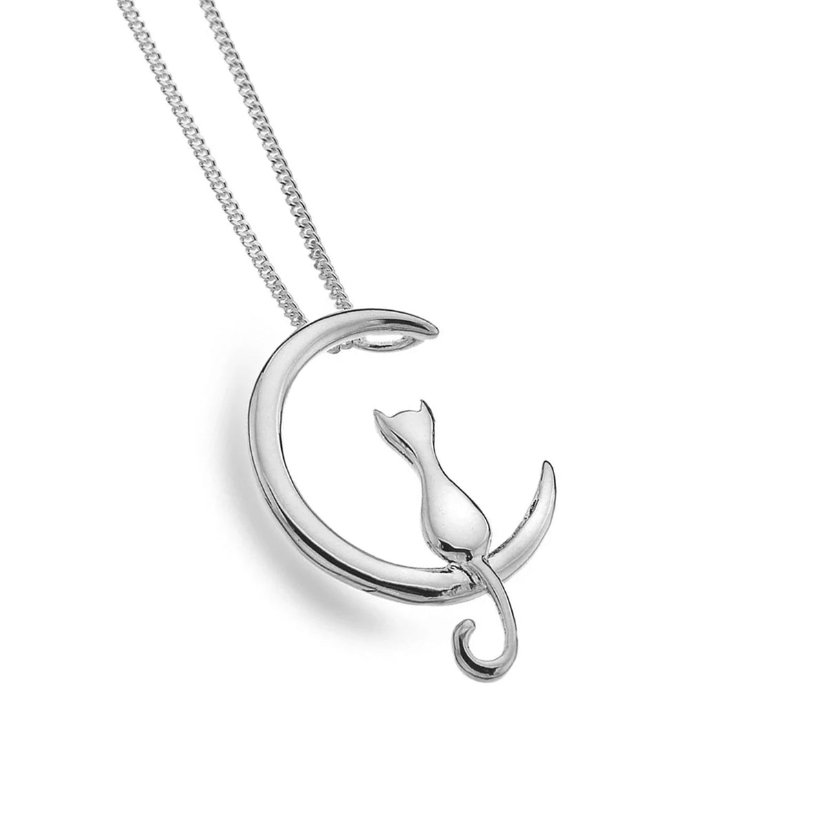 A silver pendant necklace featuring a crescent moon with a small cat silhouette inside, suspended from a delicate silver chain on a white background.