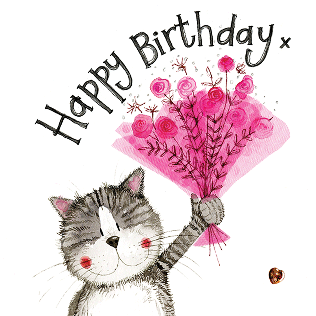 Cat & Pink Flowers Birthday Card - Cotswold Jewellery