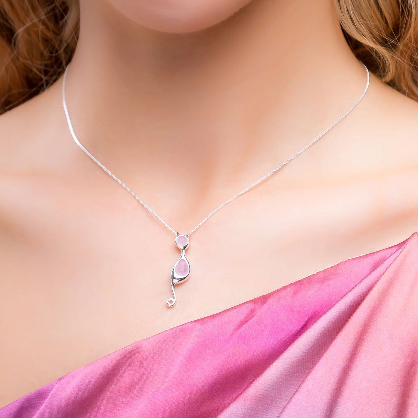 Cat Silver & Rose Quartz Necklace - Cotswold Jewellery