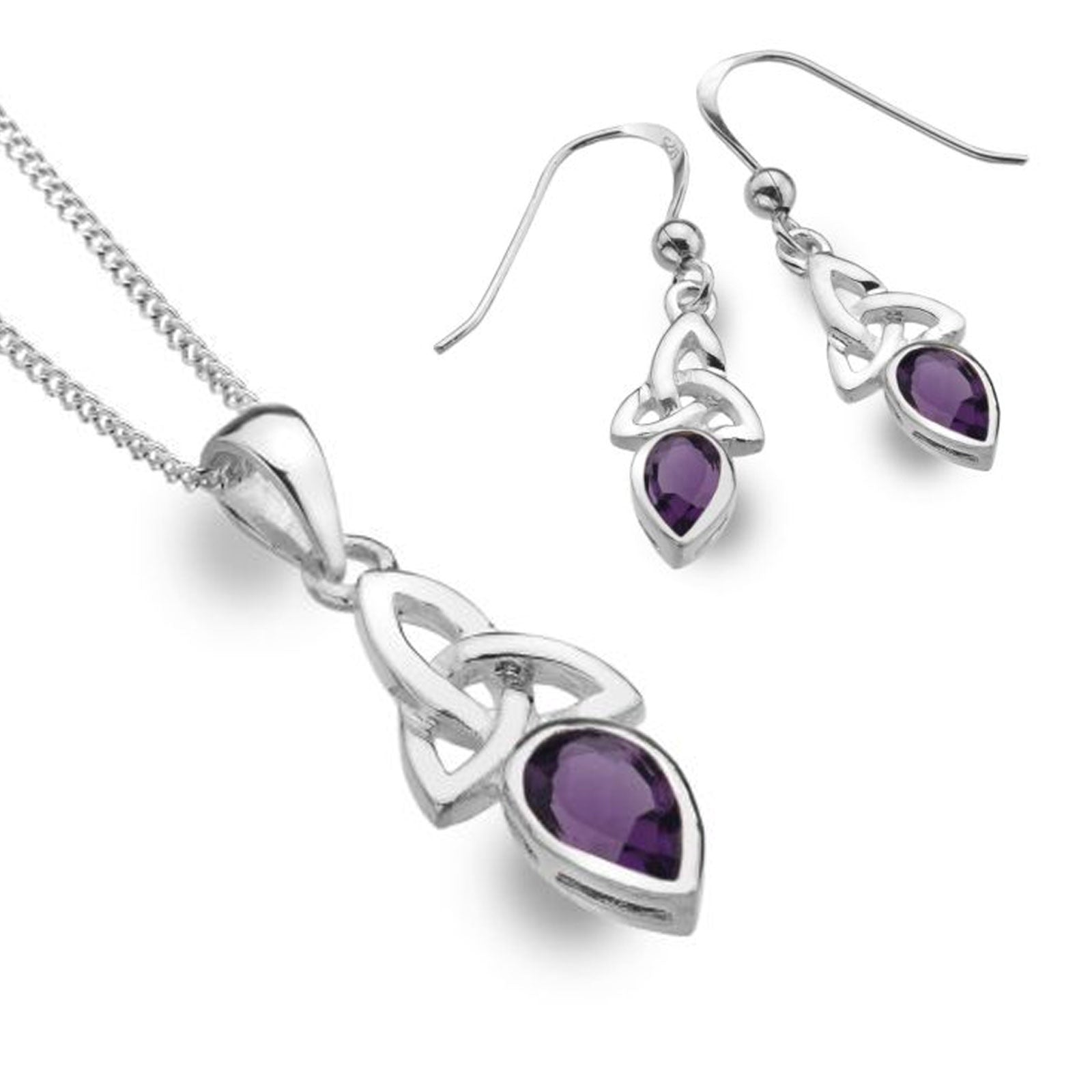Silver Celtic knot jewelry set featuring a pendant necklace and matching drop earrings with teardrop-shaped purple amethyst gemstones, shown on a white background.