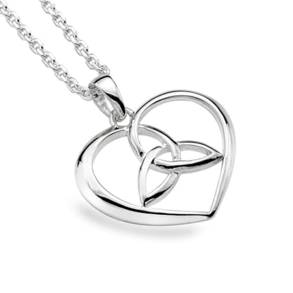 A sterling silver necklace featuring a pendant with two interlocking open heart shapes and a central Celtic knot design, suspended from a delicate link chain against a white background.