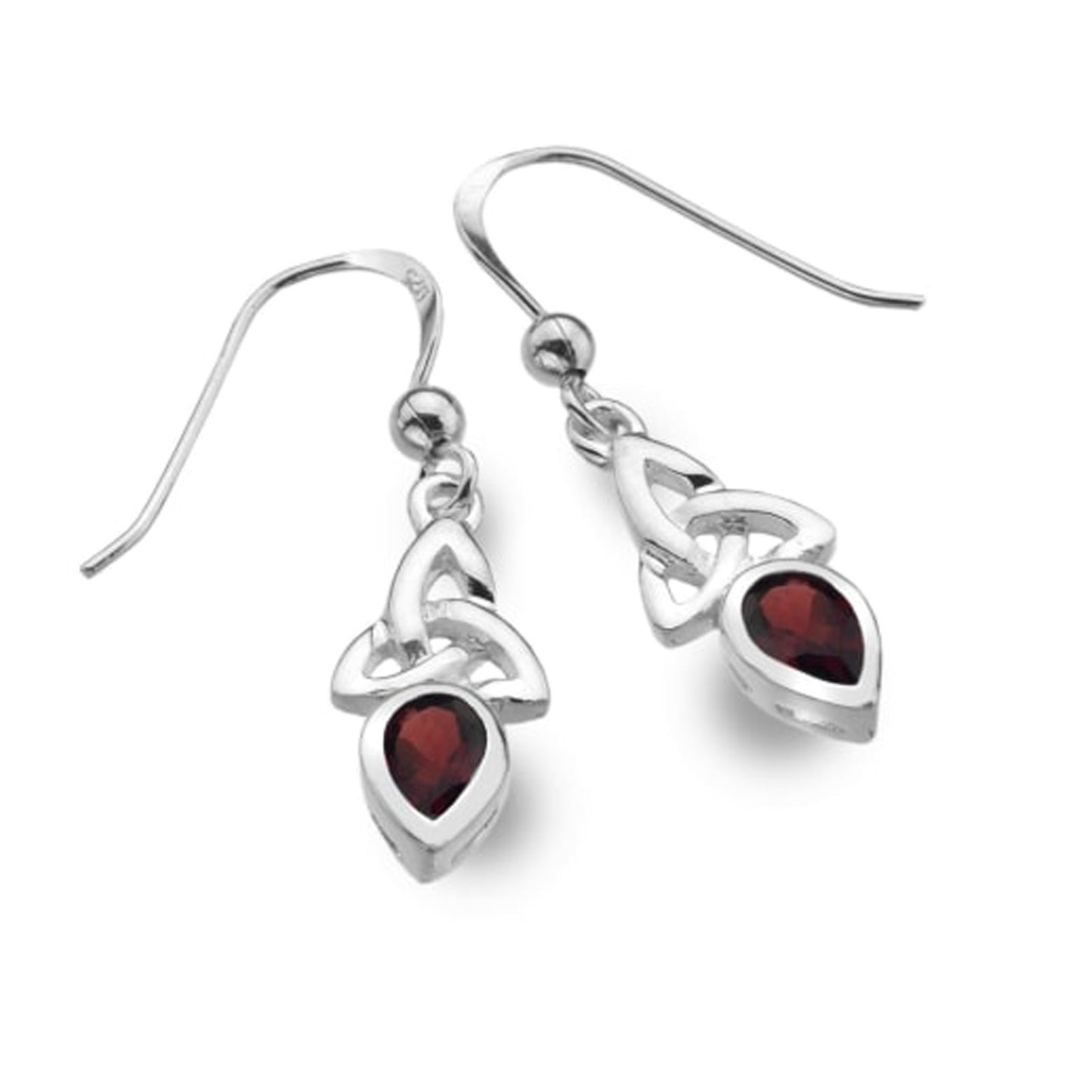 A pair of sterling silver dangle earrings with a Celtic knot design and teardrop-shaped dark red gemstones, shown on a plain white background.