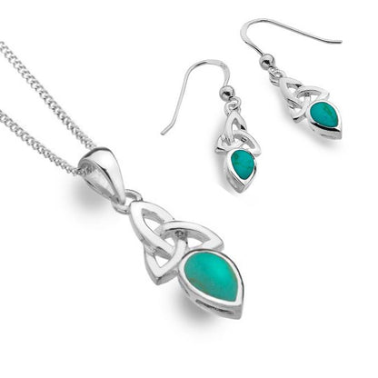 Silver-tone jewelry set featuring a Celtic knot tri-oval pendant necklace and matching drop earrings, both adorned with a teardrop-shaped green stone, shown on a white background.