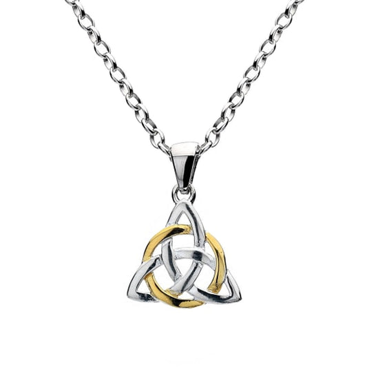 A silver and gold Celtic triquetra knot pendant necklace on a matching silver link chain, shown against a plain white background.