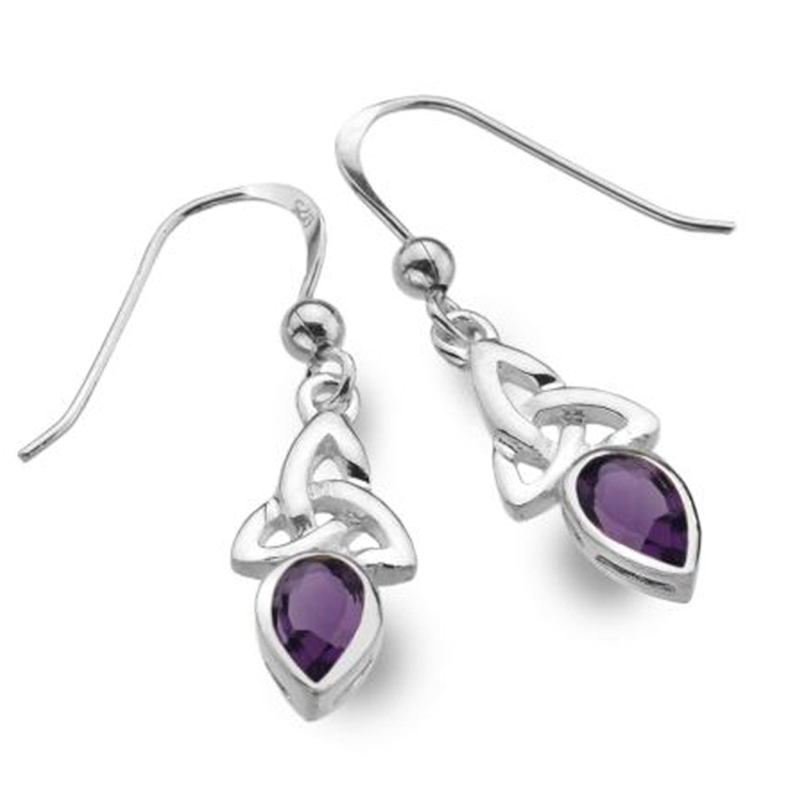 A pair of sterling silver dangle earrings with Celtic knot designs and teardrop-shaped purple amethyst gemstones, shown on a clean white background.
